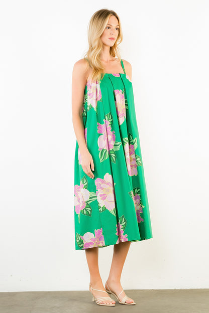 Thin Strap Floral Print Dress - Green