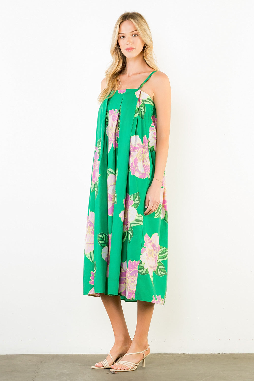 Thin Strap Floral Print Dress - Green