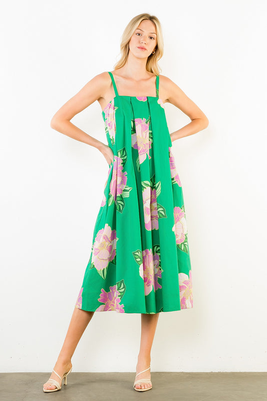 Thin Strap Floral Print Dress - Green
