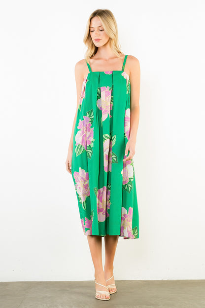 Thin Strap Floral Print Dress - Green
