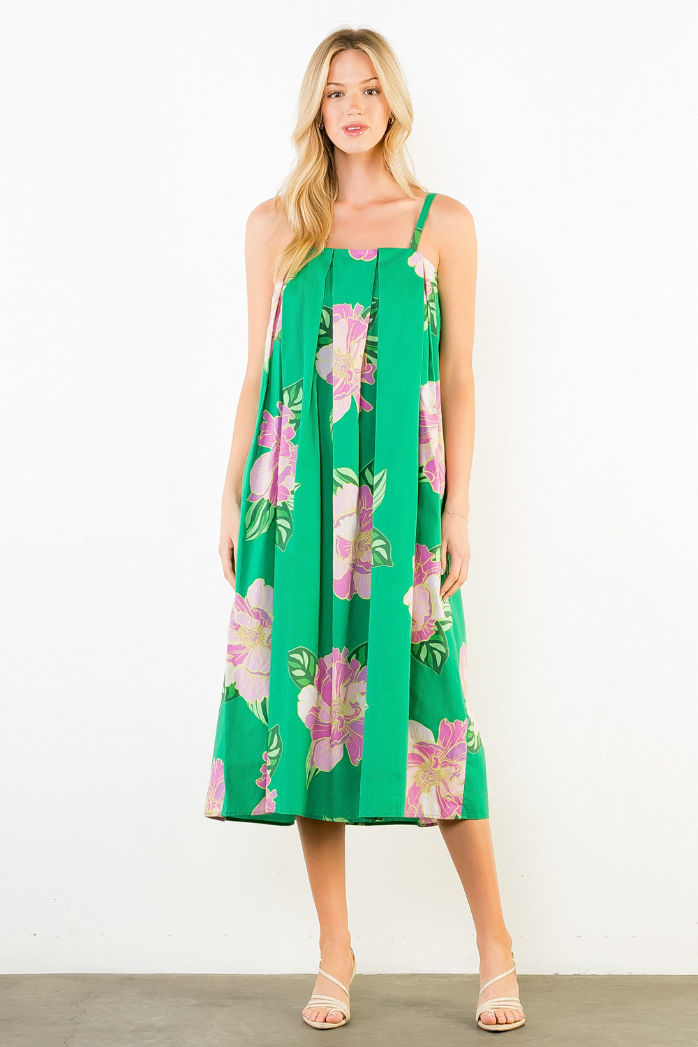 Thin Strap Floral Print Dress - Green