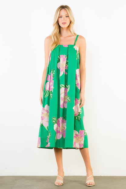 Thin Strap Floral Print Dress - Green