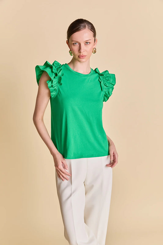 Mixed Media Ruffle Detail T-Shirt - Green