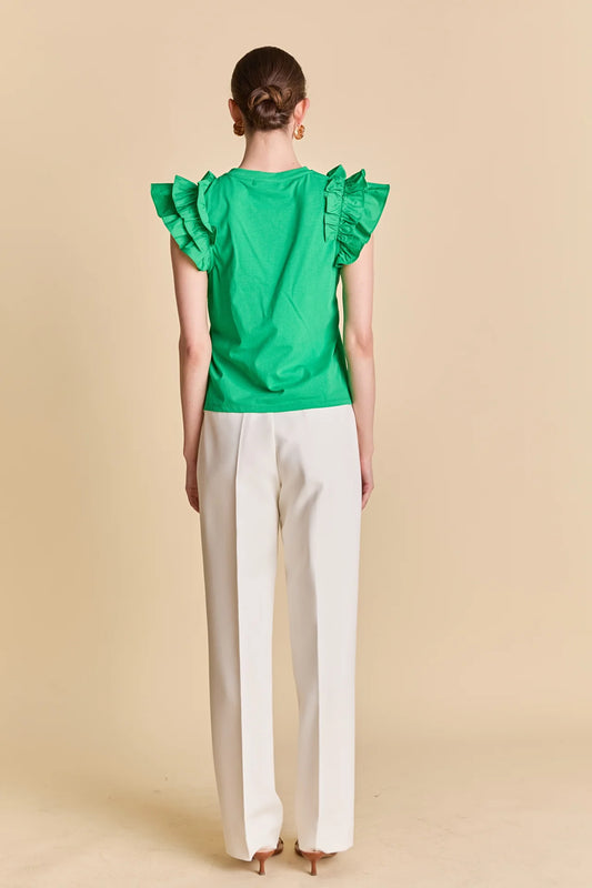Mixed Media Ruffle Detail T-Shirt - Green