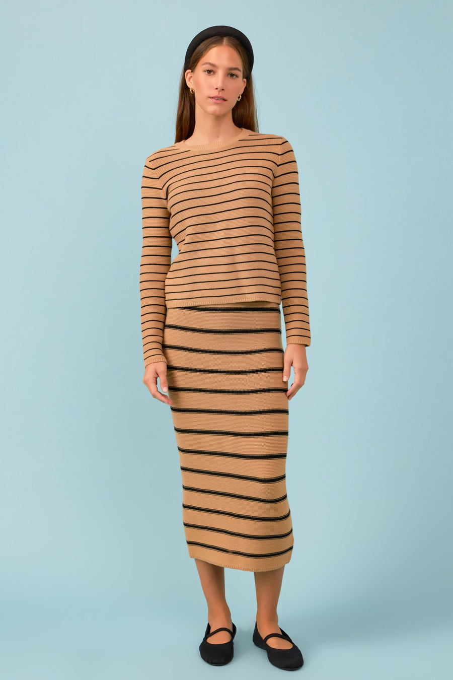 English Factory - Stripe Knit Midi Skirt - Tan/Black