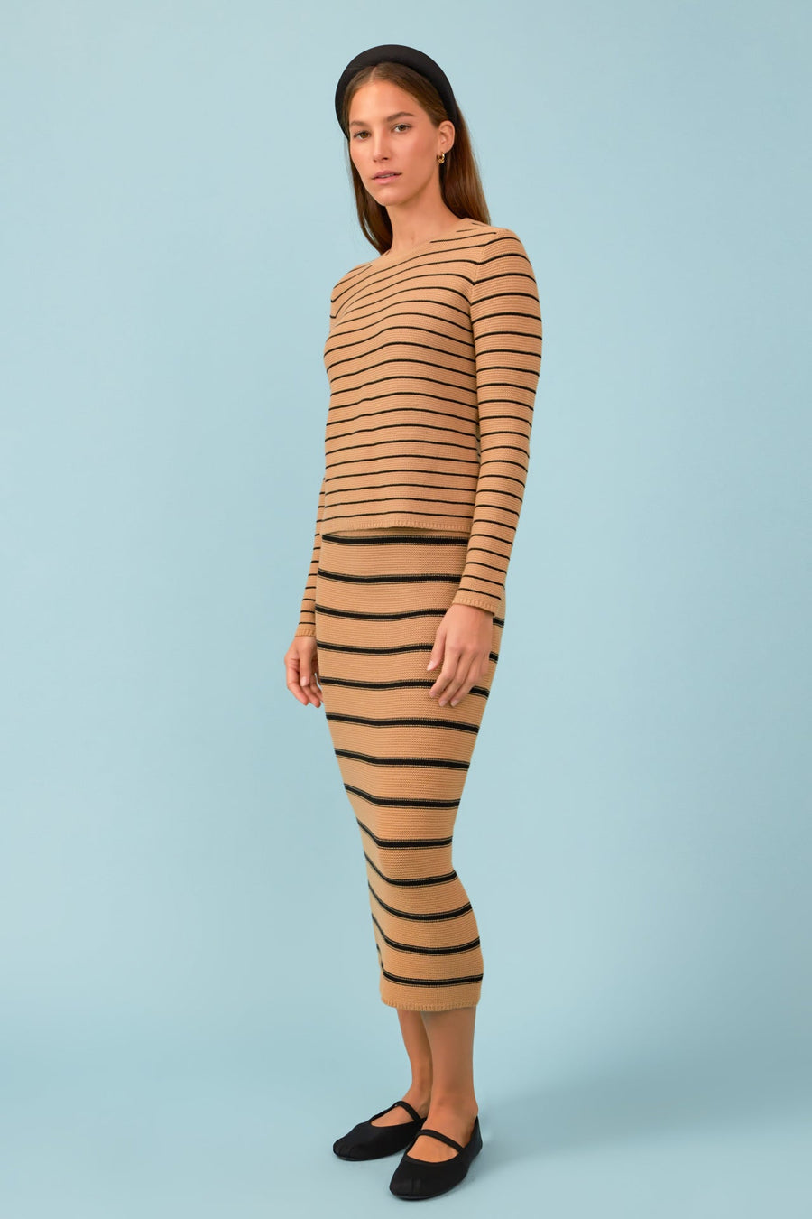 English Factory - Stripe Knit Midi Skirt - Tan/Black