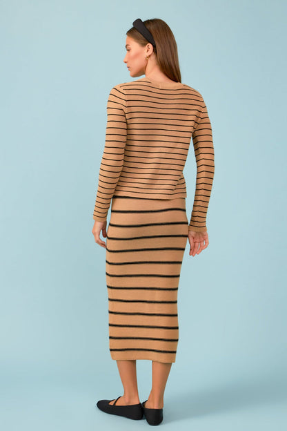 English Factory - Stripe Knit Midi Skirt - Tan/Black