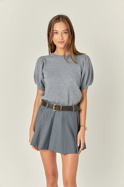 English Factory - Short Puff Sleeve Knit Top - Heather Grey