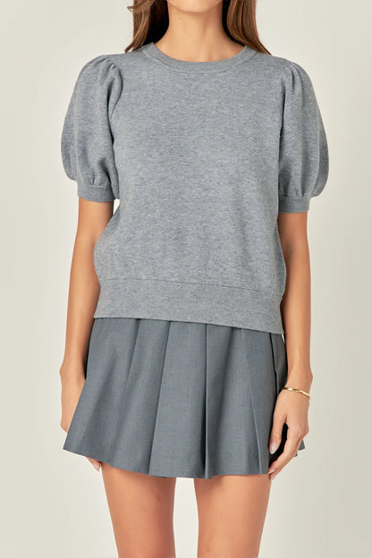 English Factory - Short Puff Sleeve Knit Top - Heather Grey