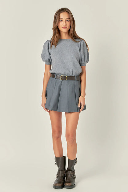 English Factory - Short Puff Sleeve Knit Top - Heather Grey