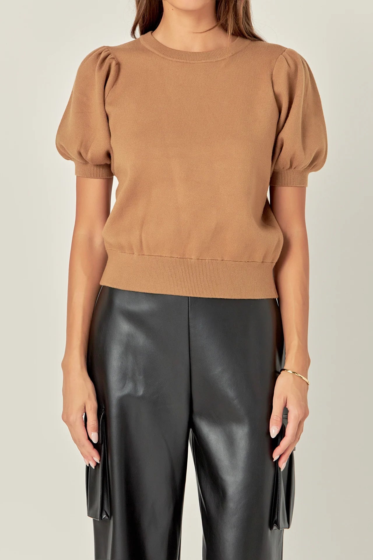 English Factory - Short Puff Sleeve Knit Top - Taupe