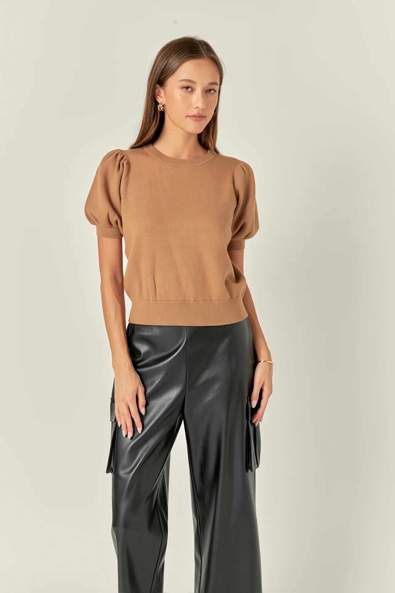 English Factory - Short Puff Sleeve Knit Top - Taupe