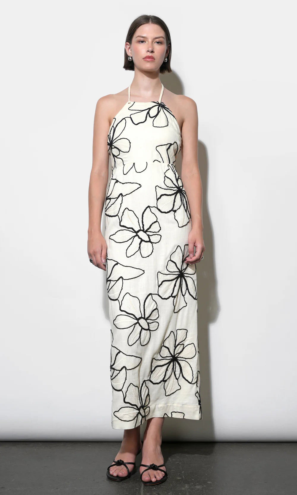 Josie Large Embroidery Floral Halter Midi Dress - Ivory/Black