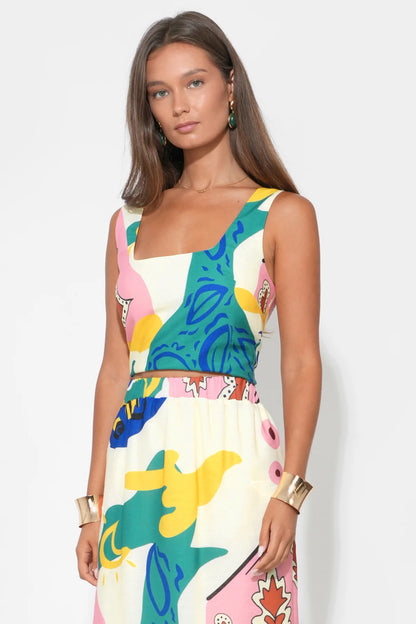 Kylie Square Neck Smocked Back Printed Top - Yellow/Blue