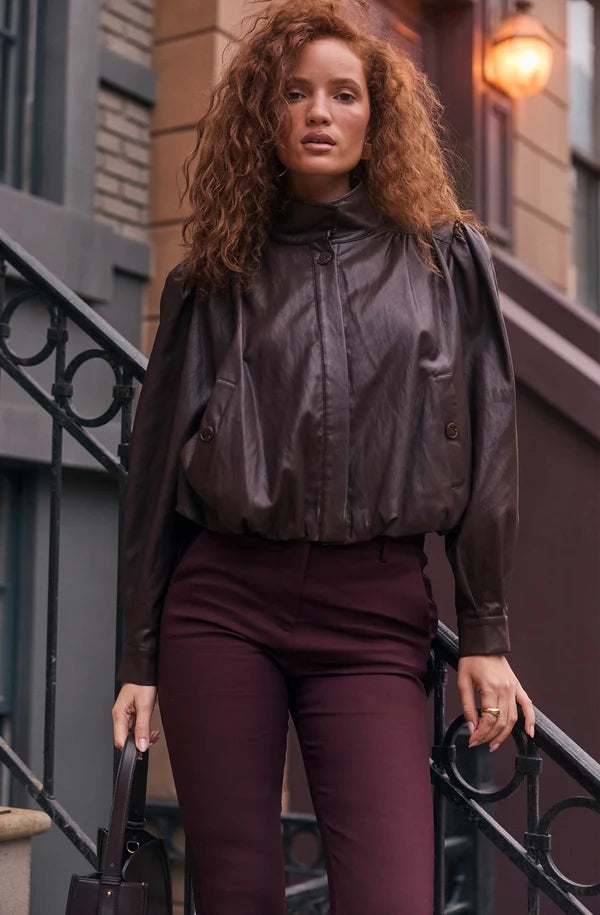 Estero Faux Leather Bomber Jacket - Brown
