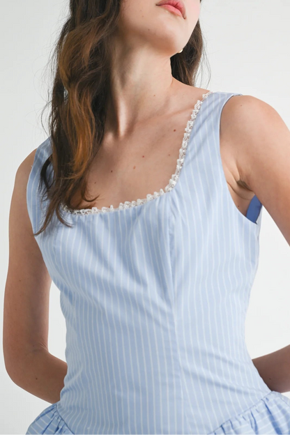 Tirzah Stripe Square Neck Mini Dress - Light Blue