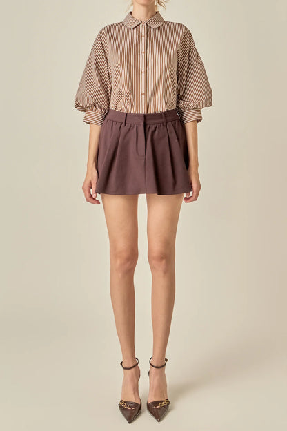 Striped Button-Up Puff Sleeve Shirt - Brown