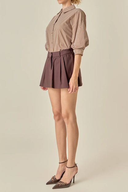 Striped Button-Up Puff Sleeve Shirt - Brown