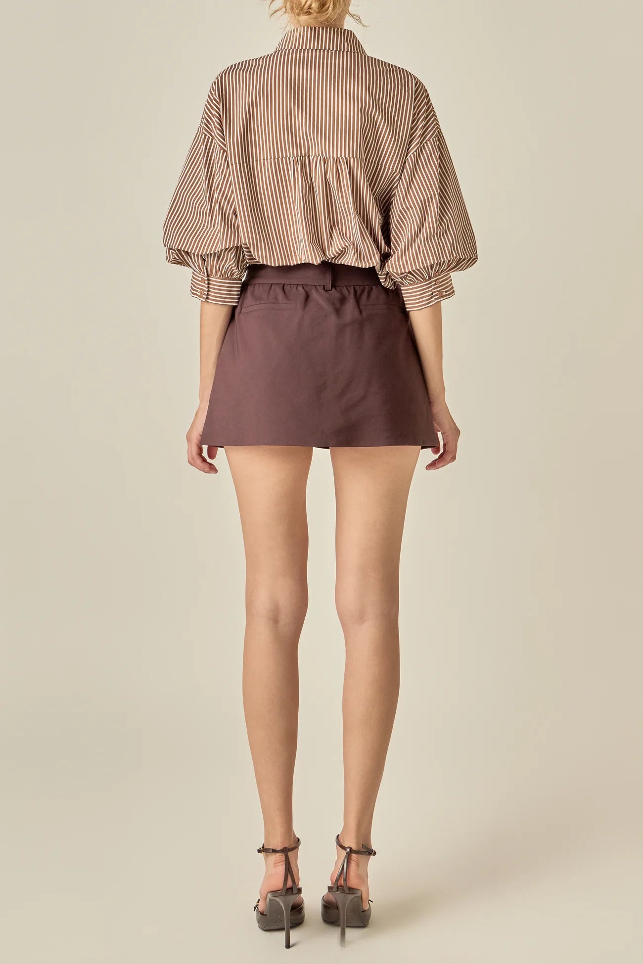Striped Button-Up Puff Sleeve Shirt - Brown
