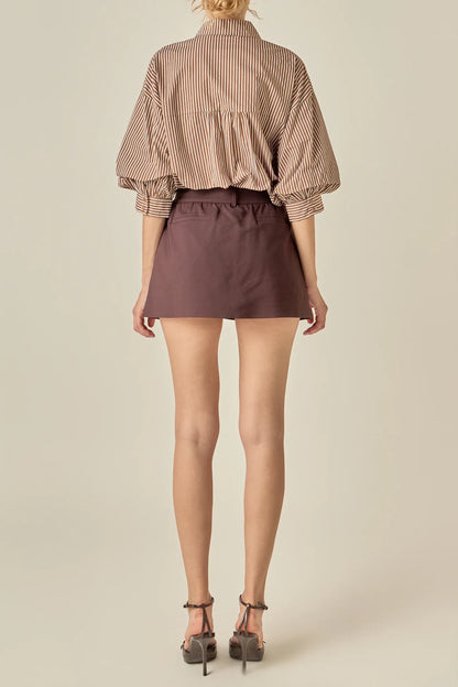Striped Button-Up Puff Sleeve Shirt - Brown