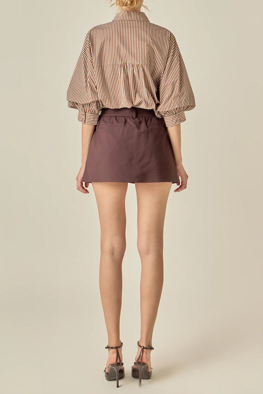 Striped Button-Up Puff Sleeve Shirt - Brown