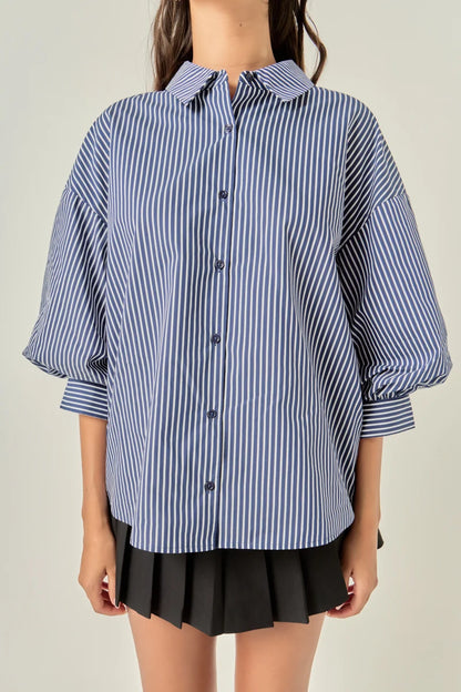 Striped Button-Up Puff Sleeve Shirt - Indigo