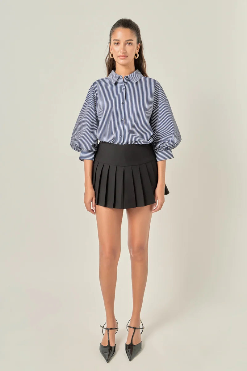 Striped Button-Up Puff Sleeve Shirt - Indigo