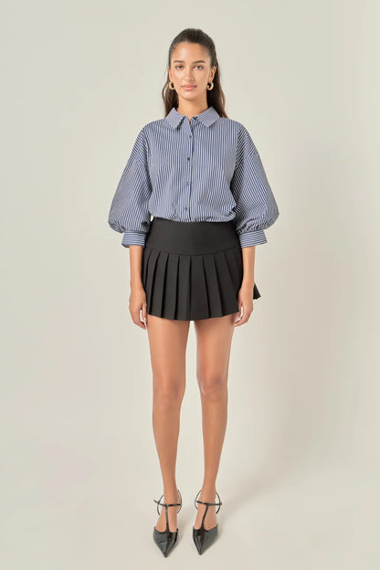 Striped Button-Up Puff Sleeve Shirt - Indigo