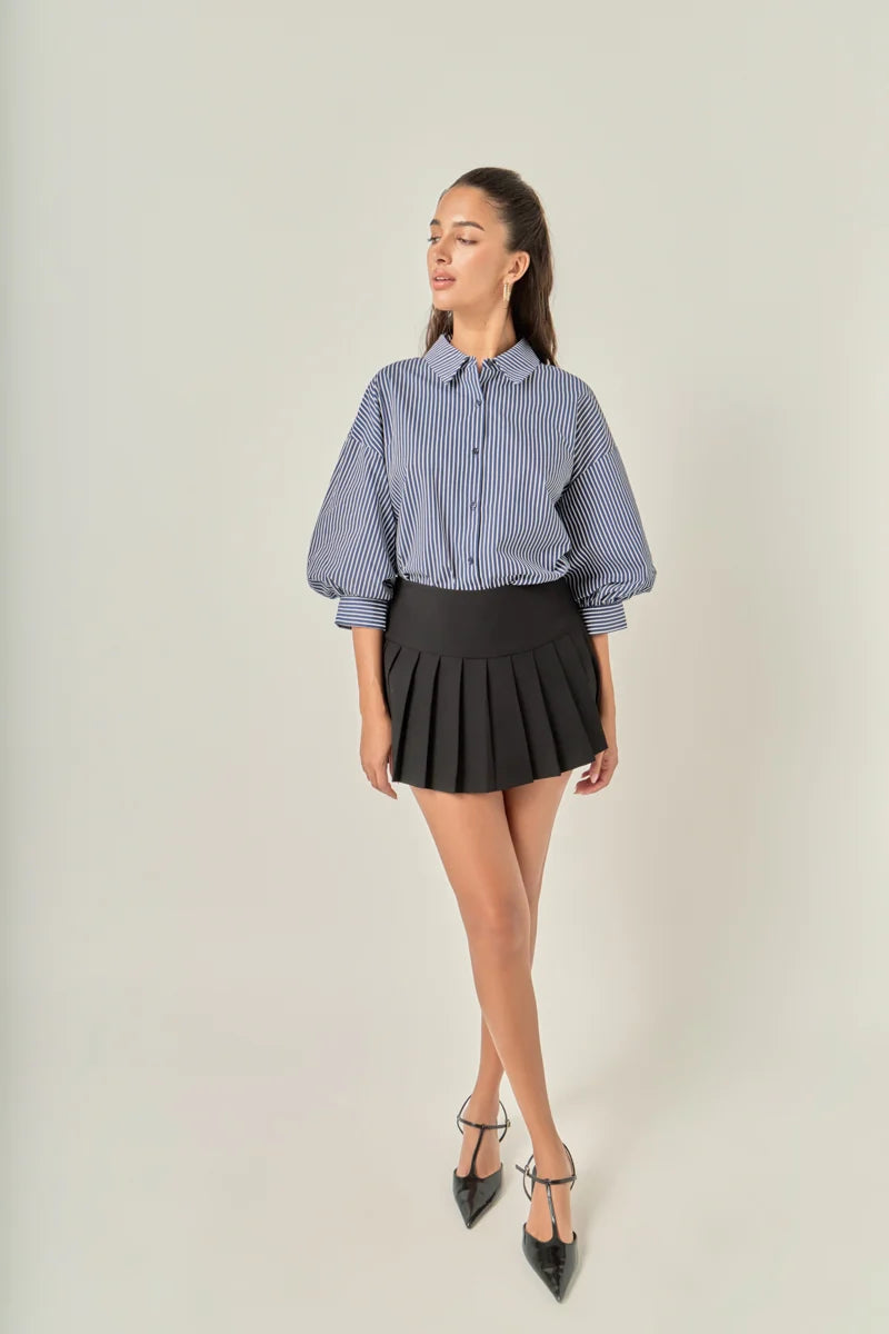 Striped Button-Up Puff Sleeve Shirt - Indigo