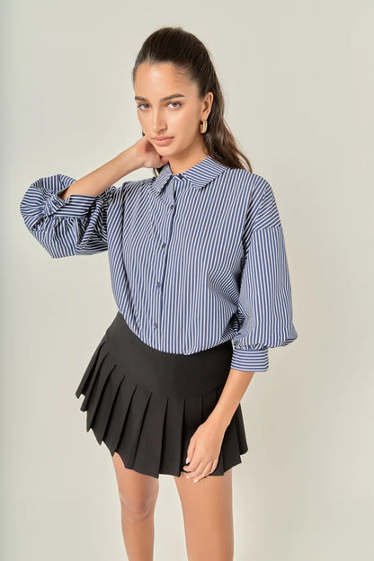 Striped Button-Up Puff Sleeve Shirt - Indigo