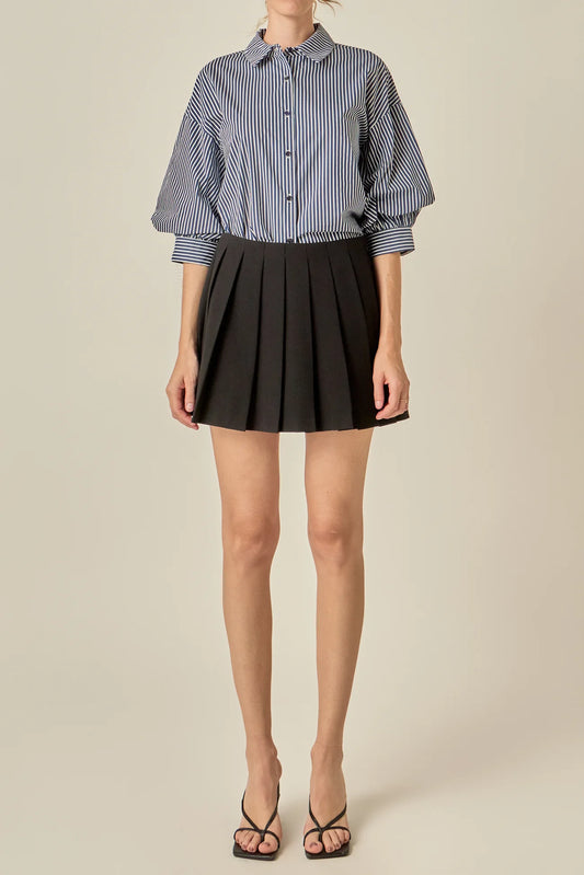 Striped Button-Up Puff Sleeve Shirt - Indigo
