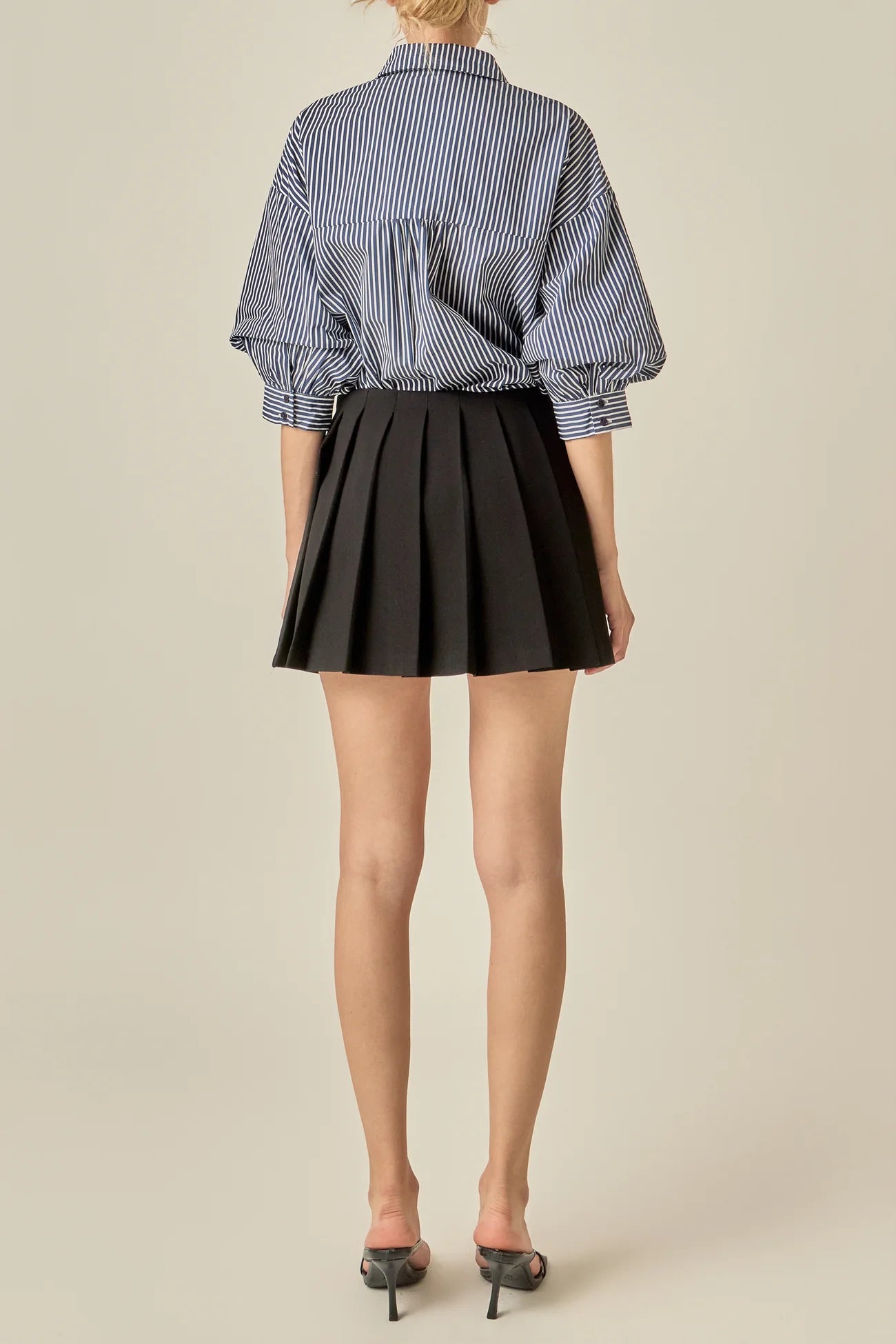 Striped Button-Up Puff Sleeve Shirt - Indigo