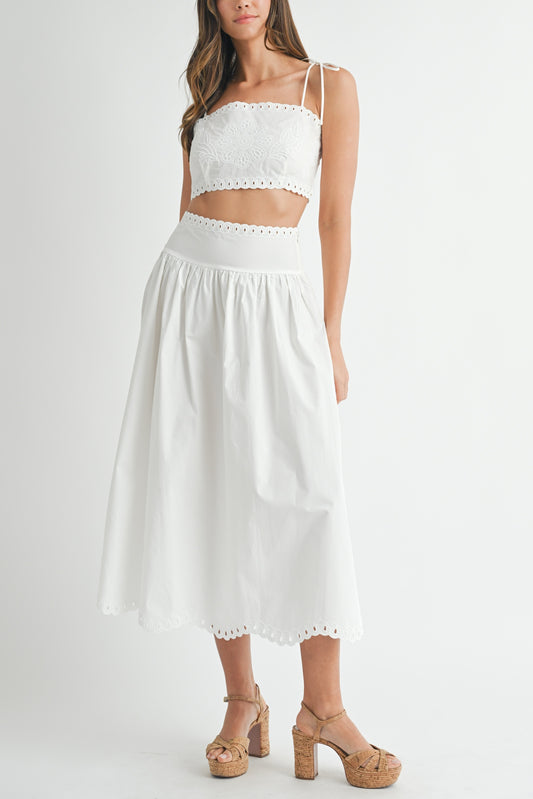 Keyla Embroidery Crop Top & Midi Skirt Set - Off White