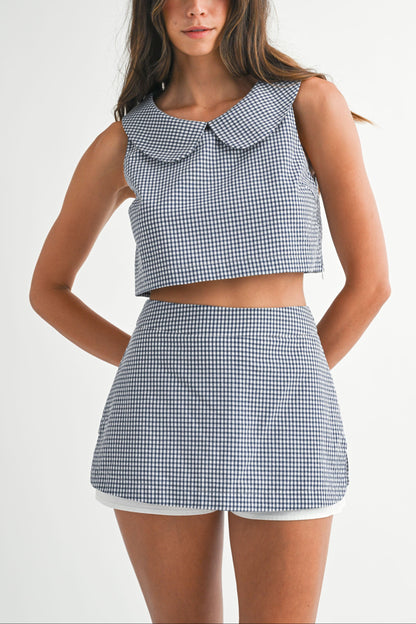 Sleeveless Collar Top & Skort Set - Navy