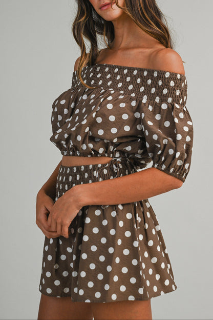 Polka Dot Bubble Tube Top & Shorts Set - Brown