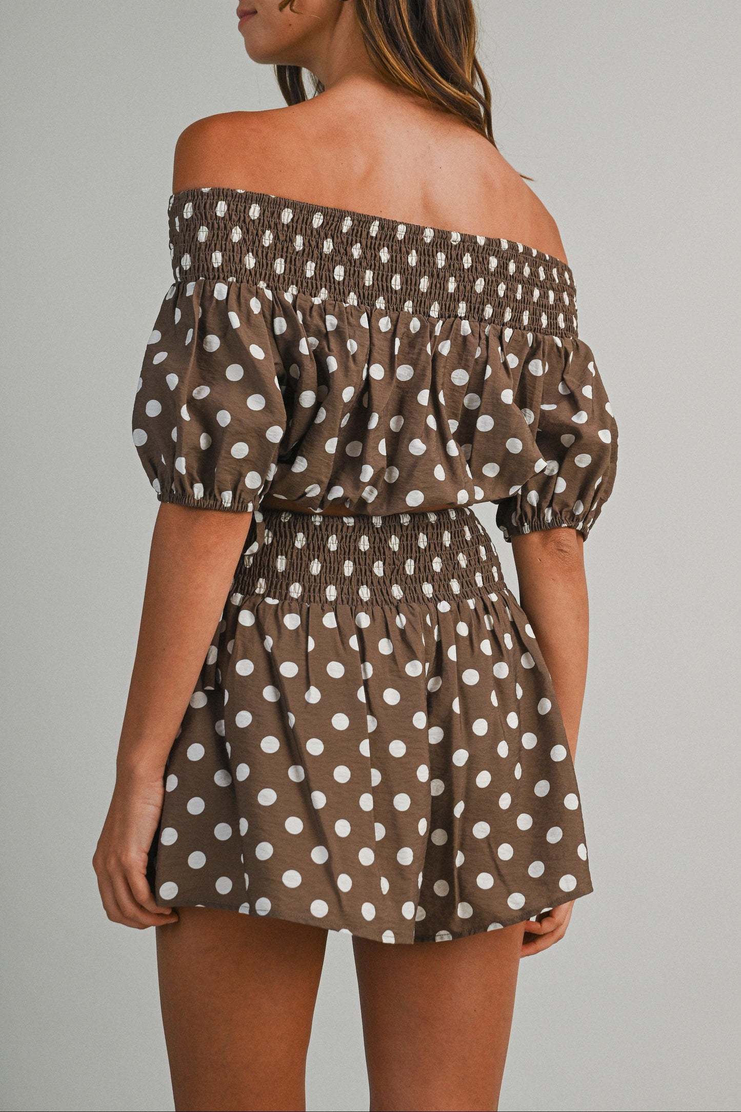 Polka Dot Bubble Tube Top & Shorts Set - Brown
