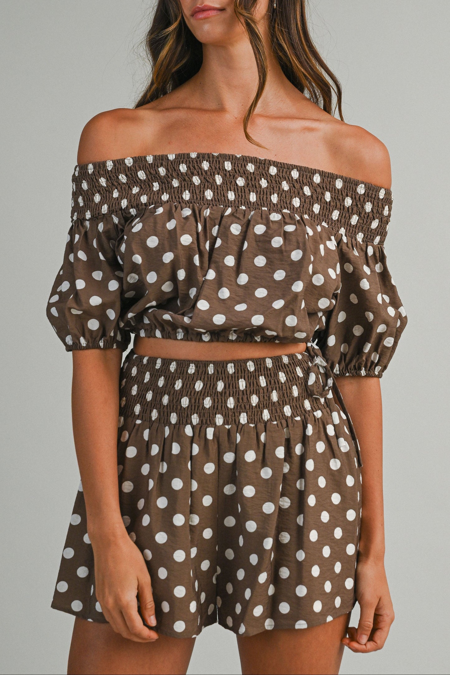 Polka Dot Bubble Tube Top & Shorts Set - Brown