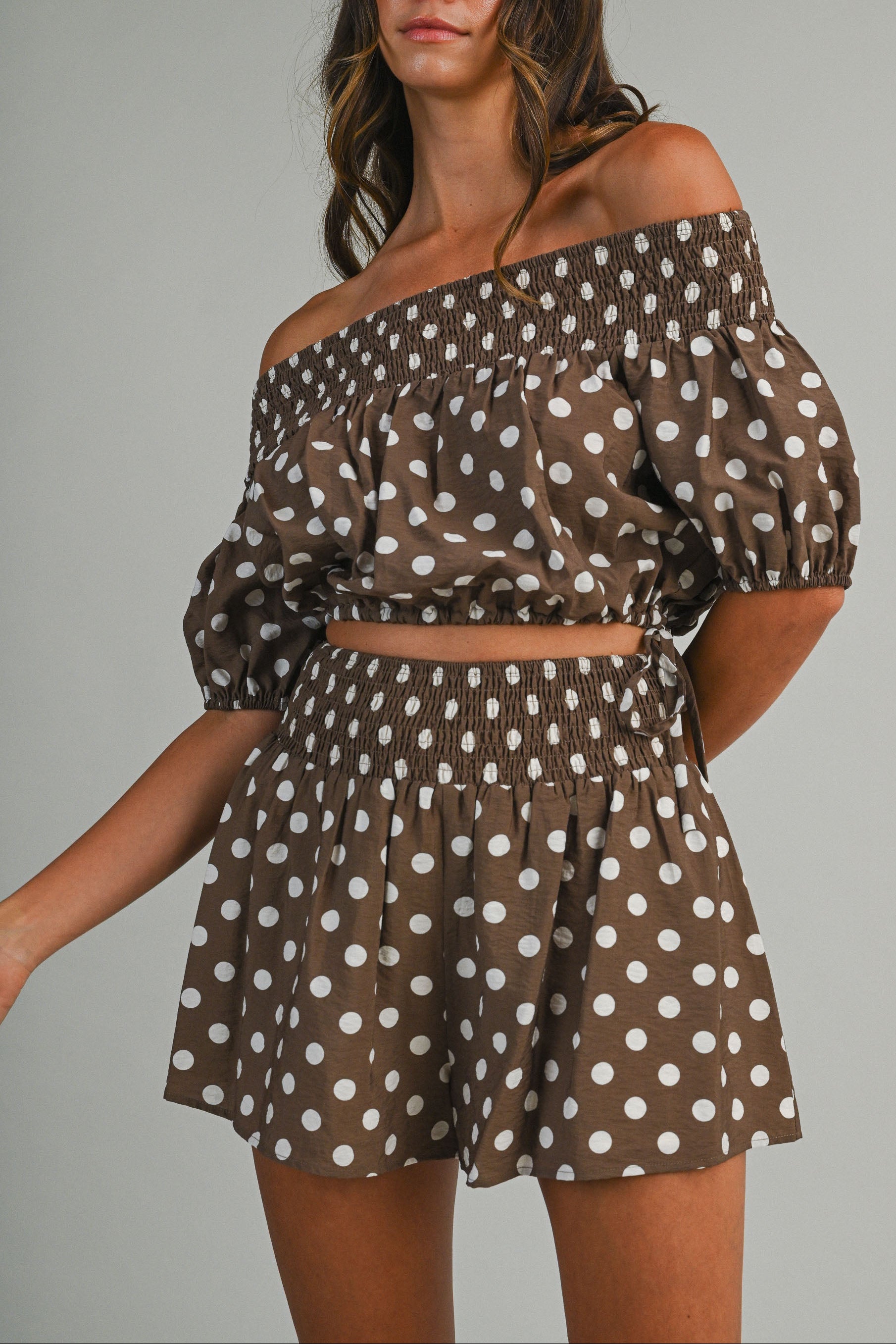 Polka Dot Bubble Tube Top & Shorts Set - Brown