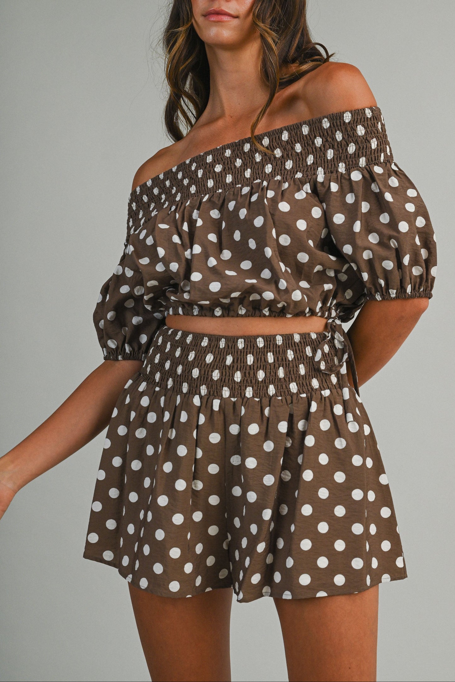 Polka Dot Bubble Tube Top & Shorts Set - Brown