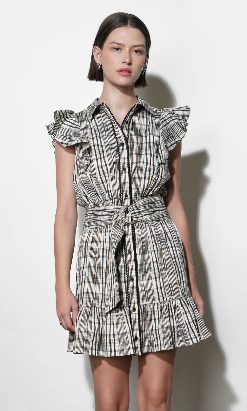 Mabel Belted Plaid Mini Dress - Black/Ivory