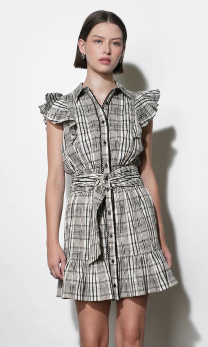 Mabel Belted Plaid Mini Dress - Black/Ivory