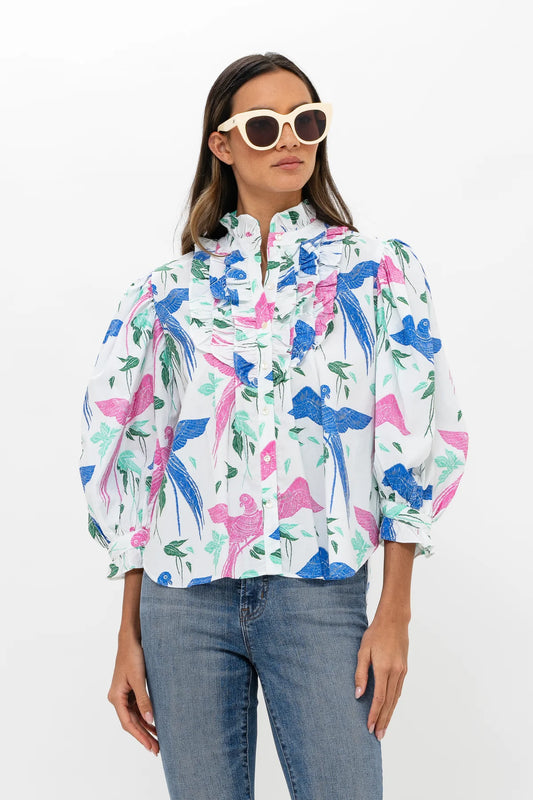 Oliphant - Ruffle Front Button Blouse - Macaw Blue