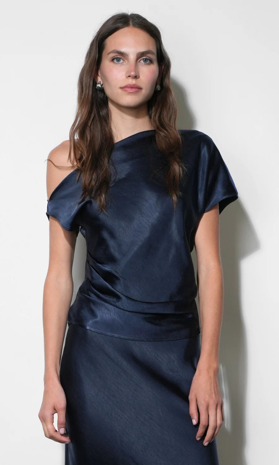 Nellie Asymmetric Satin Draped Off Shoulder Top - Navy
