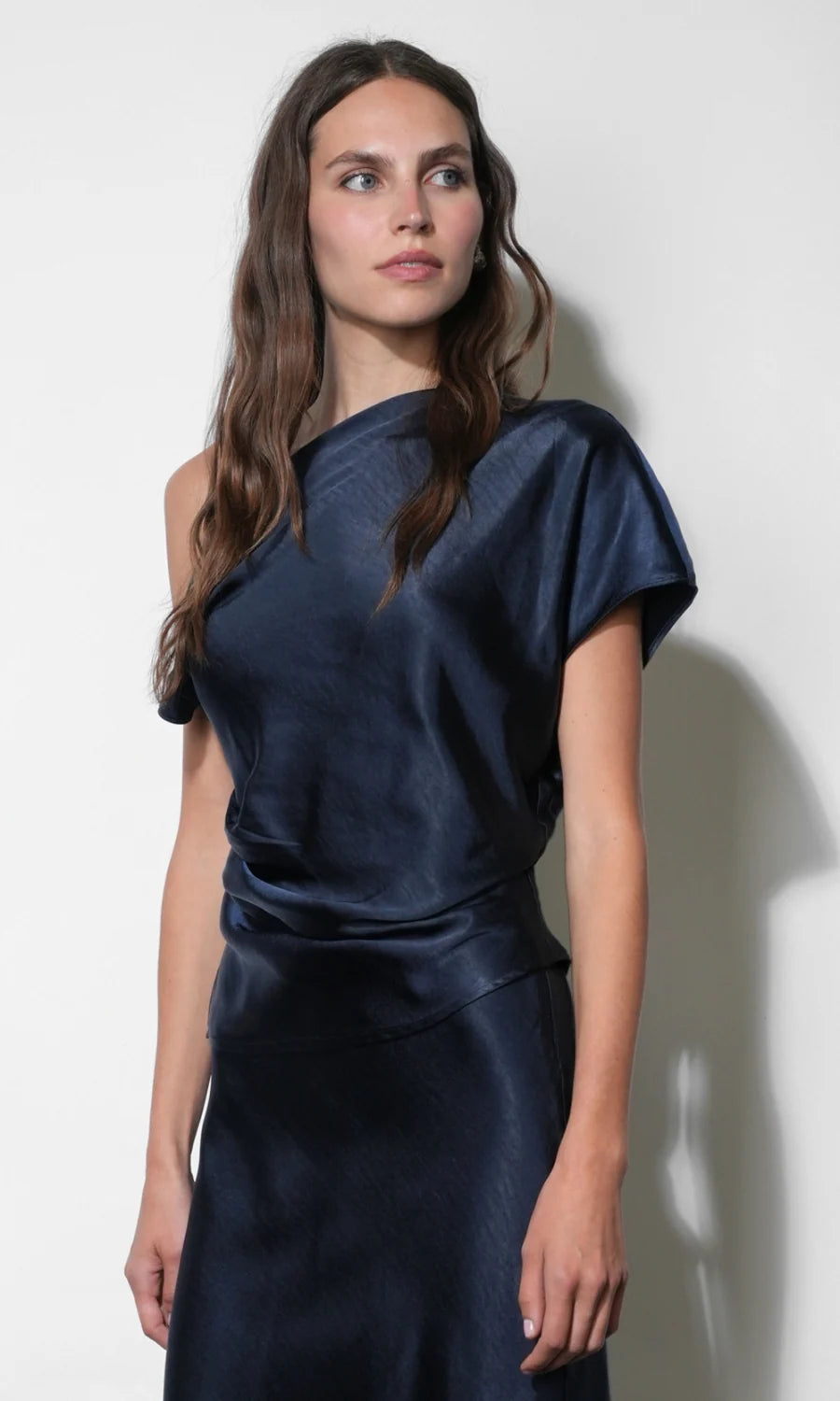 Nellie Asymmetric Satin Draped Off Shoulder Top - Navy