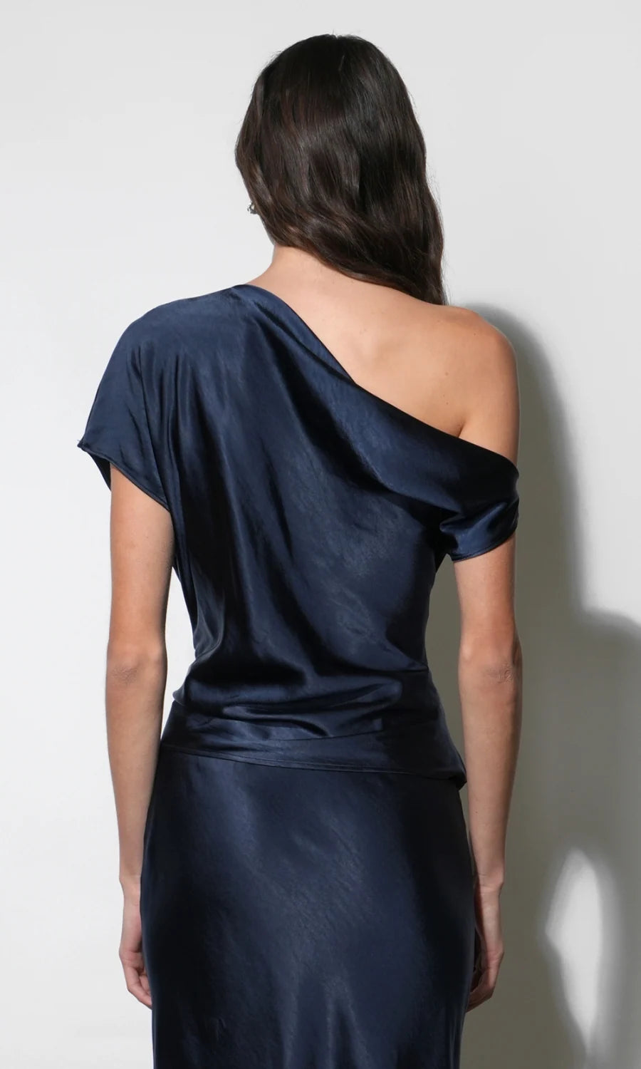 Nellie Asymmetric Satin Draped Off Shoulder Top - Navy