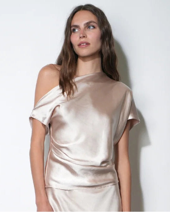 Nellie Asymmetric Satin Draped Off Shoulder Top - Taupe