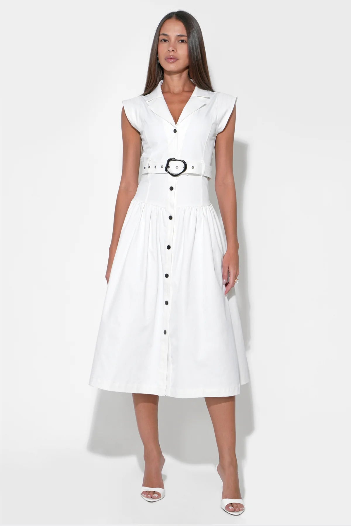 Olivia Button Up Belted Shirt Midi Dress - Off White