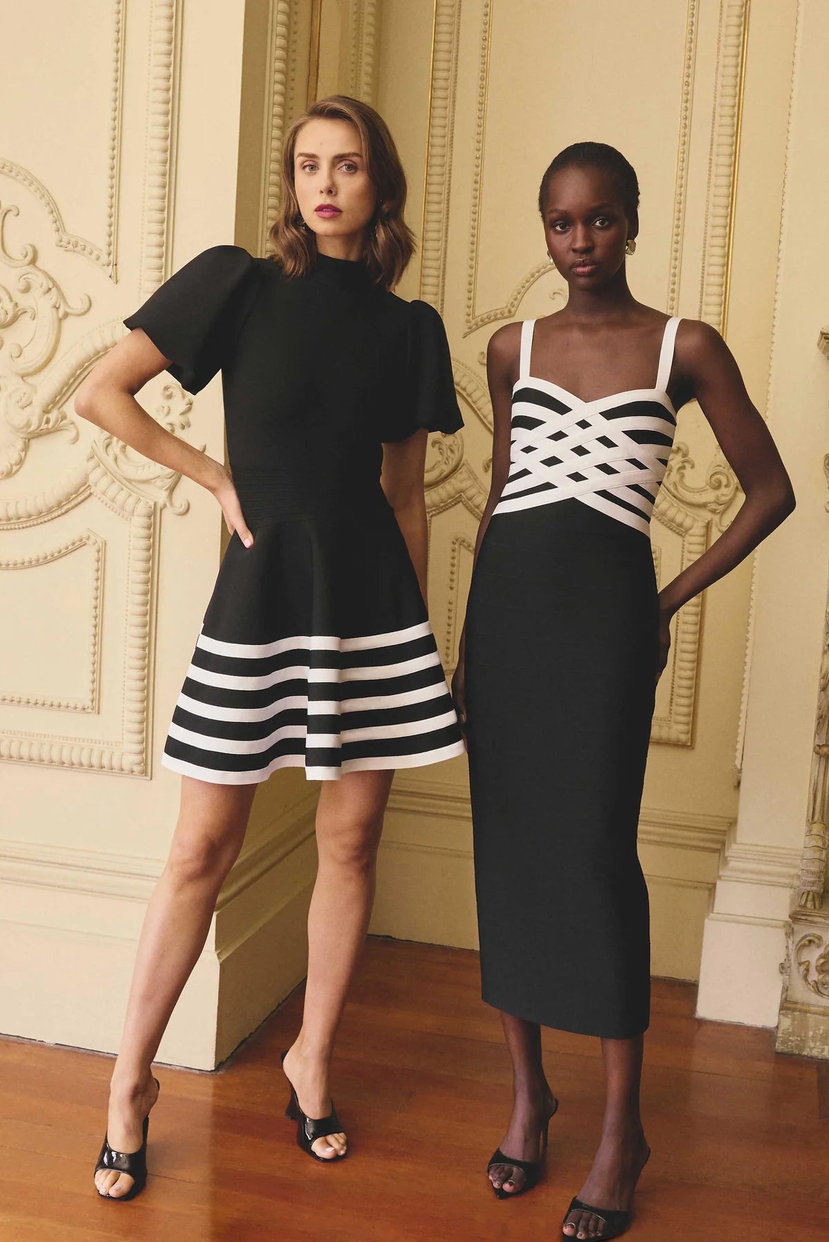 Ninette Puff Sleeve Mini Dress in Black & White