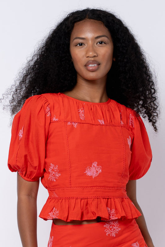 Allisa Embroidered Shirred Crop Peplum Top - Red/Pink