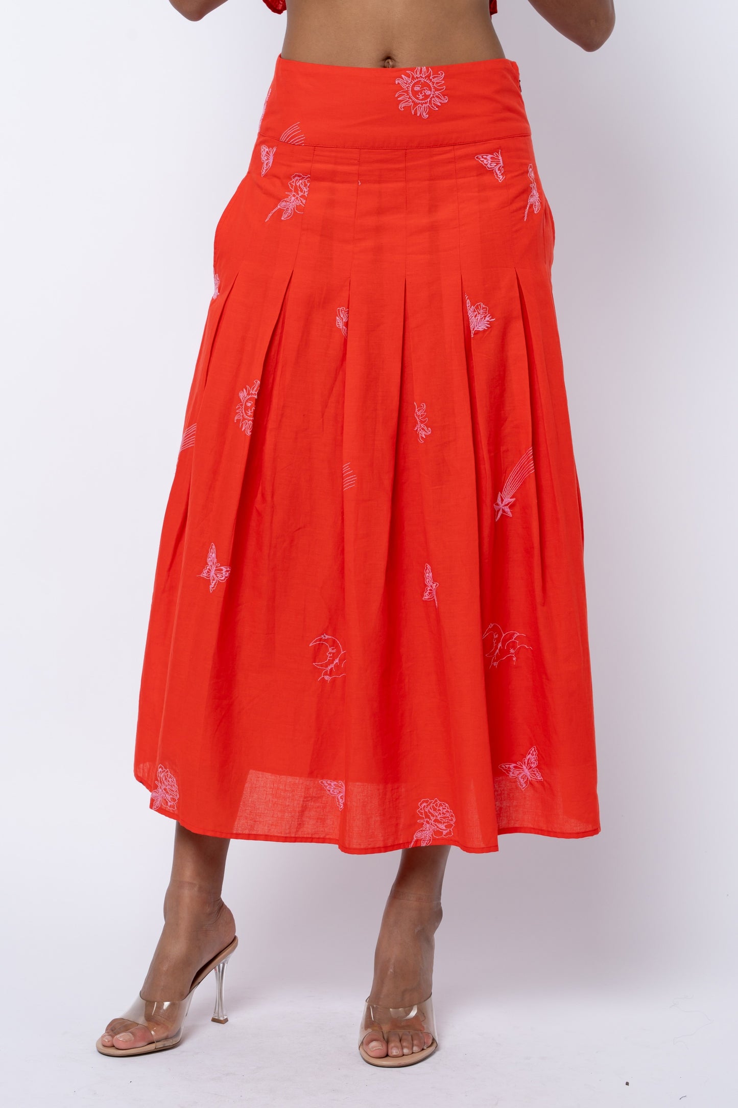 Rezza Embroidered Pleated Midi Skirt - Red/Pink